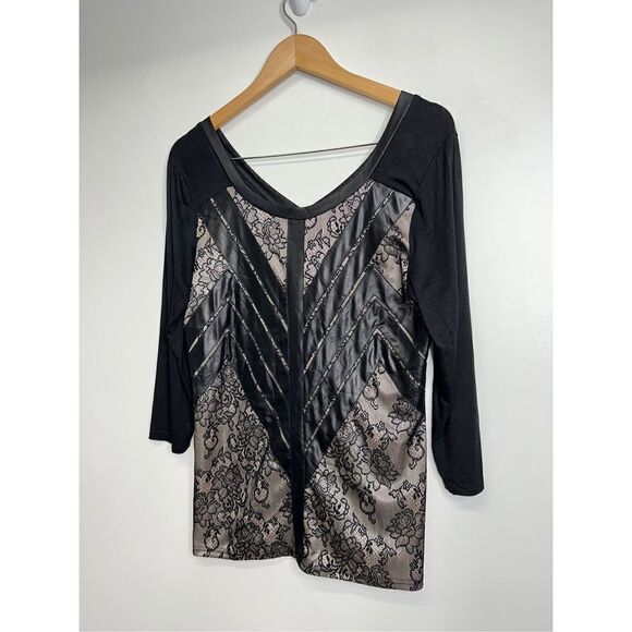 BKE Boutique Shirt Womens Black/Tan Lace Detailed 3/4 Sleeve Size Small - Picture 3 of 7